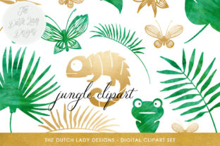 Download Jungle Clipart Set - Green Watercolor & Gold - Chameleon, Frog, Leafs, Plants, Butterflies - Jungle clipart Collection